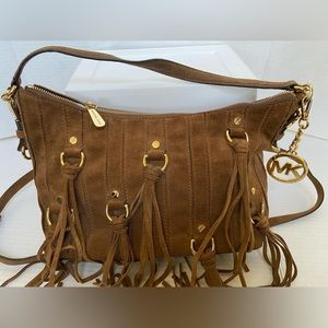 Michael Kors Presley Suede Hobo Bag Medium Gold Chain Brown Fringe Leather